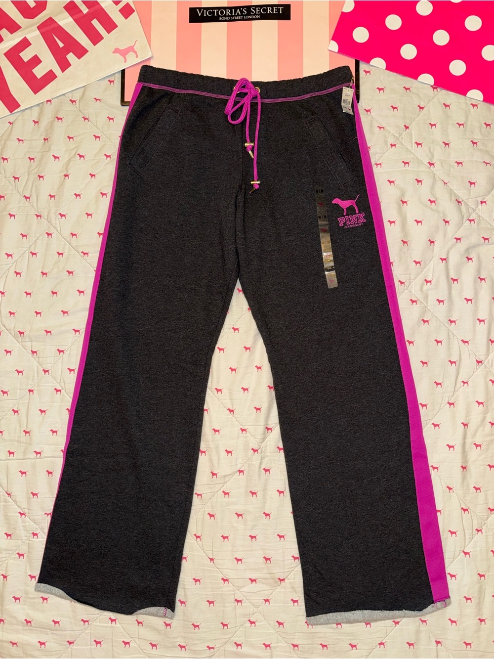 VS PINK VINTAGE Y2K LIMITED EDITION BOYFRIEND SWEATPANTS DARK GRAY & PURPLE HTF